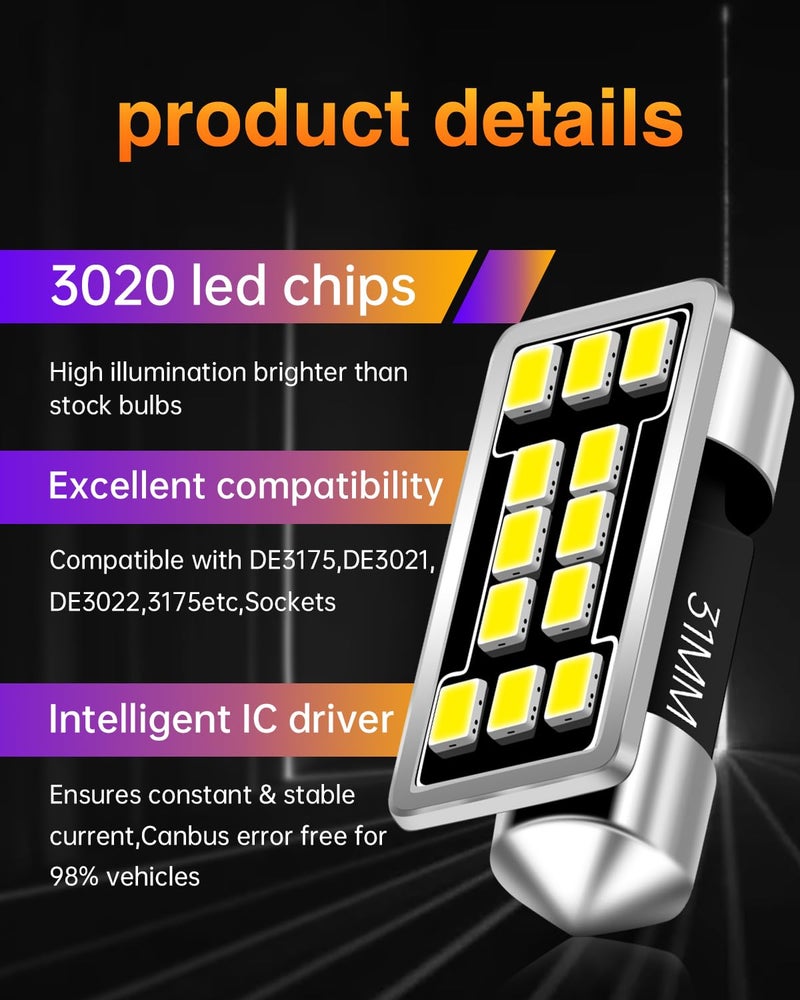 LUYED DE3175 DE3021 LED Dome Light Bulbs 640 Lumens Extremely Bright 3020 12-EX Chipsets 1.25 inches 31mm DE3022 3175 LED Bulbs for Interior Map Door Lights,Xenon Whiteï¼ŒPack of 2 - Image 2